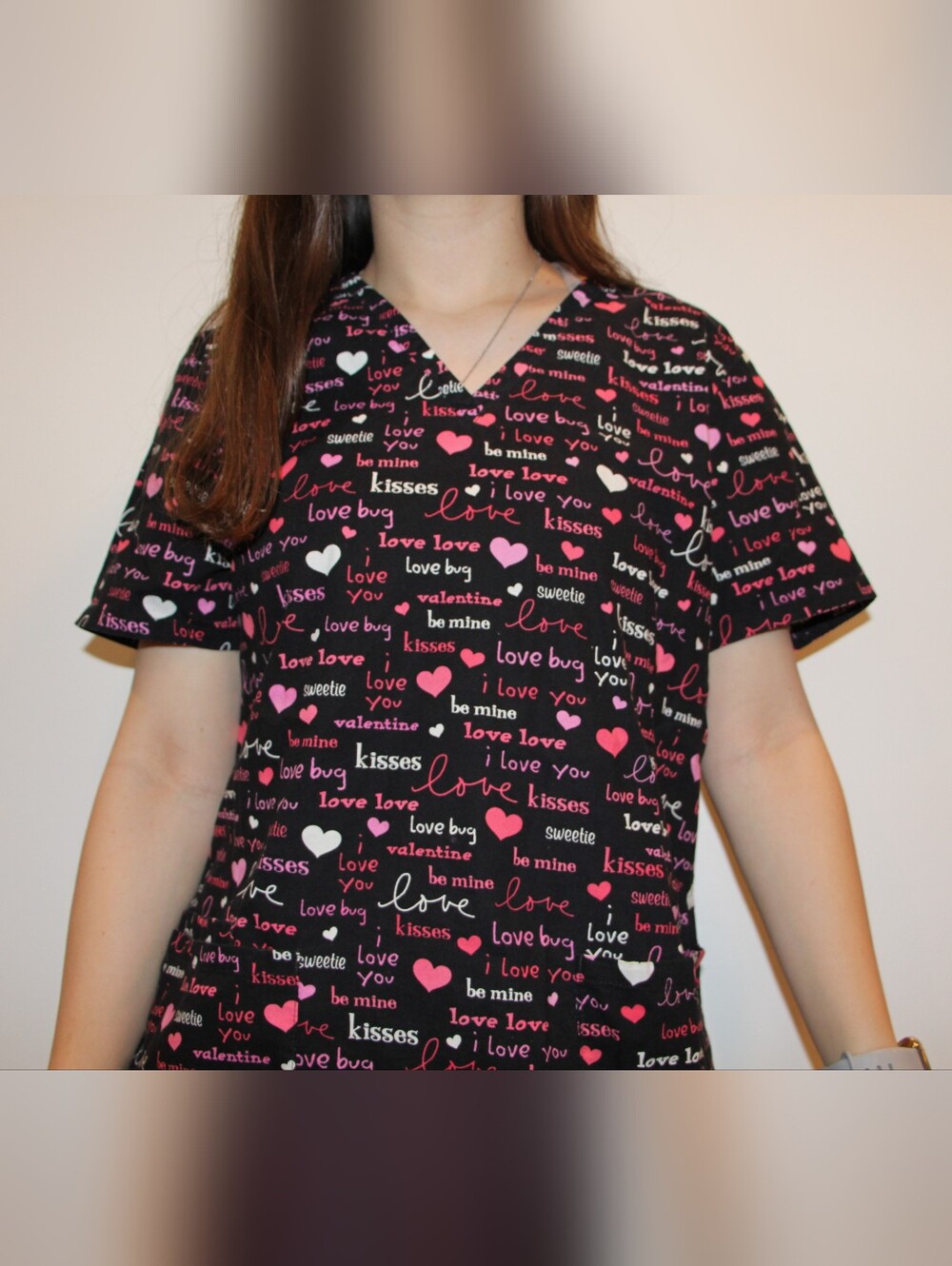 Black and Pink Heart Print Scrub Top